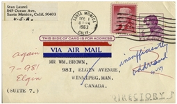 Stan Laurel Typed Postcard Signed Just Days After the Death of JFK -- ''...We here too were very upset over the tragic death of our beloved president...''